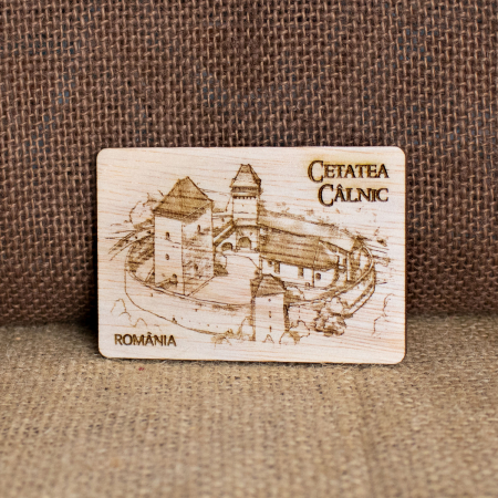 Magnet de frigider din lemn, gravat, Cetatea Calnic, judetul Alba