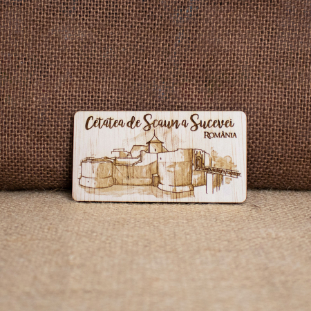 Cetatea de Scaun a Sucevei - Magnet de frigider din lemn, gravat, Cetatea de Scaun a Sucevei