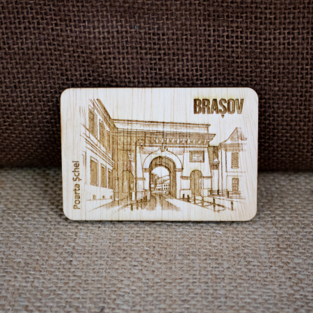 Brasov - Magnet De Frigider din lemn, gravat, „Poarta Schei" Brasov
