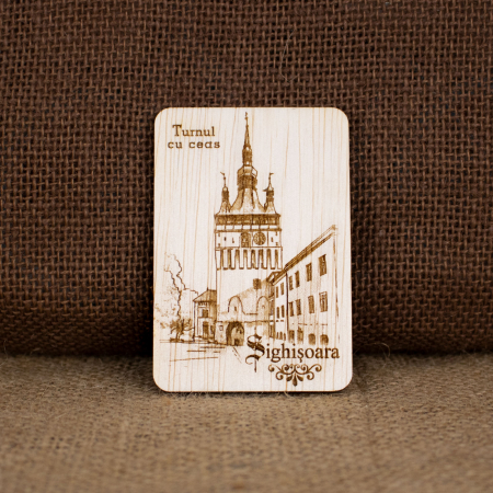 Sighisoara - Magnet de frigider din lemn, gravat „Turnul cu Ceas” Sighisoara