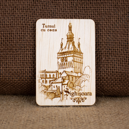 Sighisoara - Magnet de frigider din lemn, gravat „Turnul cu Ceas” Sighisoara