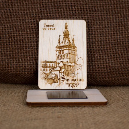 Magnet de frigider din lemn, gravat „Turnul cu Ceas” Sighisoara [1]