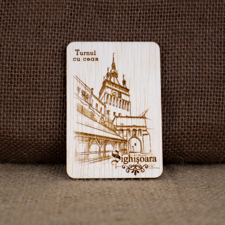 Sighisoara - Magnet de frigider din lemn, gravat „Turnul cu Ceas” Sighisoara