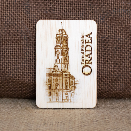 Oradea - Magnet de frigider din lemn, gravat, "Turnul Primariei - Palatul Primariei" Oradea