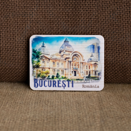 Magneti de frigider acuarela - Magnet de frigider din lemn, acuarela, Palatul CEC, Bucuresti
