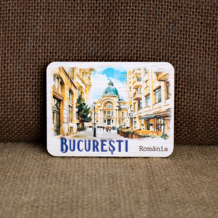 Magneti de frigider acuarela - Magnet de frigider din lemn, acuarela, Palatul CEC Bucuresti (vedere din Centrul Vechi)