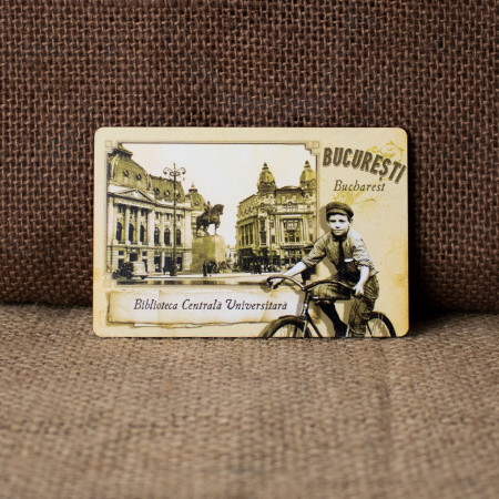Magneti de frigider, din lemn - Magnet de frigider din lemn, vintage, Biblioteca Centrala Universitara, Calea Victoriei, Bucuresti