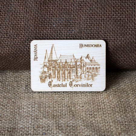 Magnet de frigider din lemn, gravat Castelul Corvinilor Hunedoara [1]