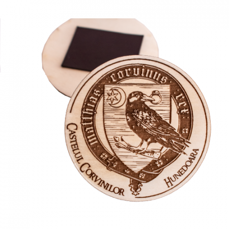 Magnet de frigider din lemn, gravat, Corb- Castelul Corvinilor Hunedoara [2]