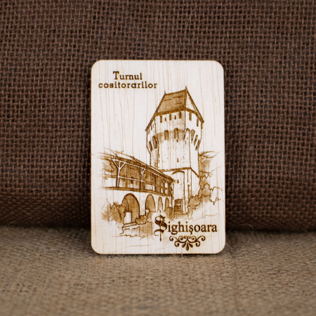 Sighisoara - Magnet de frigider gravat „Turnul Cositorarilor” Sighisoara