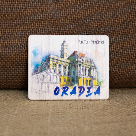 Oradea - Magnet de frigider din lemn, acuarela, "Palatul Primariei" Oradea