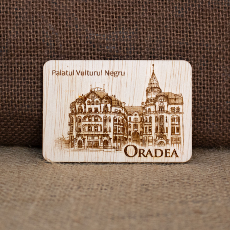 Suveniruri - Magnet de frigider din lemn, gravat, Palatul "Vulturul Negru" Oradea
