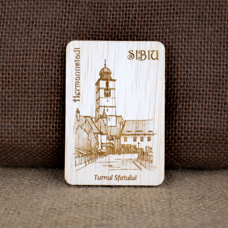Suveniruri - Magnet de frigider din lemn, gravat, "Turnul Sfatului" Sibiu