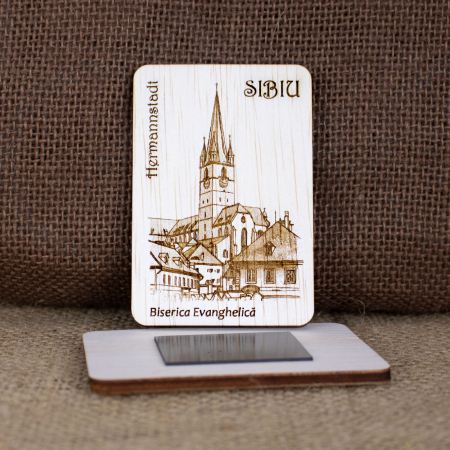 Magnet de frigider din lemn, gravat, "Biserica Evanghelica" Sibiu [1]