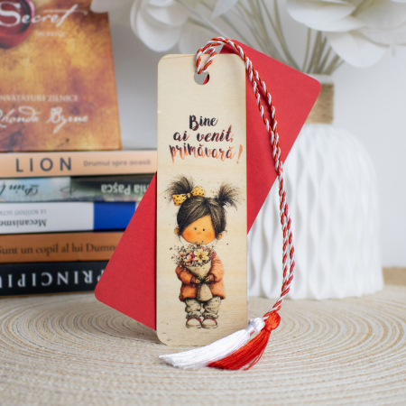 Martisor din lemn, semn de carte, "Primavara in dar"