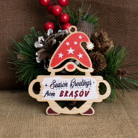 Glob de Craciun, suvenir, din lemn, acuarela, "Greetings from Brasov"