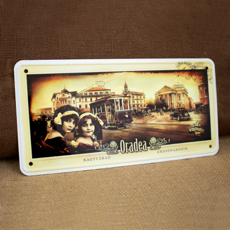 Tablou metalic decorativ suvenir, Belle Epoque Fete in fata Teatrului Regina Maria, Oradea [2]