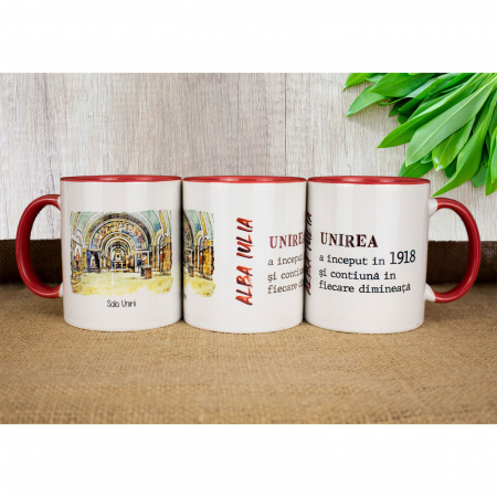 Cetatea Alba Carolina - Cana suvenir "Sala Unirii" Alba Iulia (Unirea a inceput in 1918 si continua in fiecare dimineata )