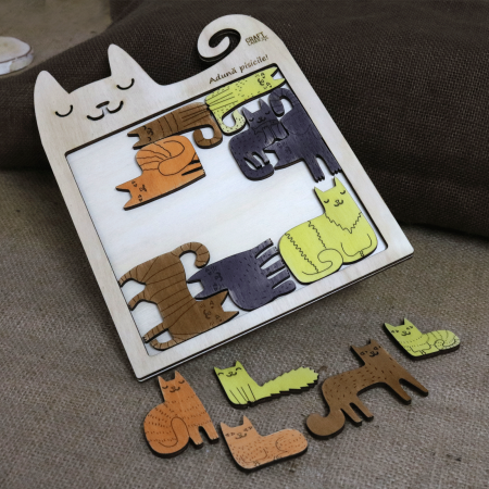 Puzzle Educativ Din Lemn, Gravat “Aduna Pisicile” [2]