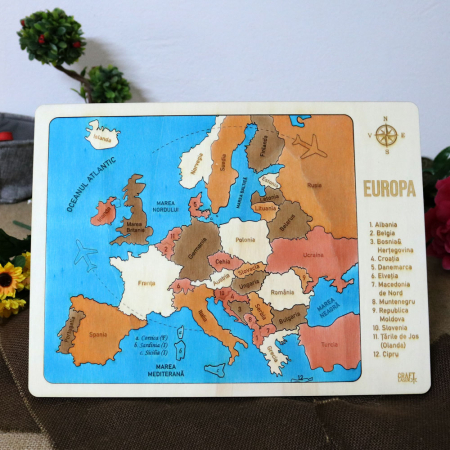 Puzzle Educativ Din Lemn, Gravat, Harta Europei Pe Tari Si Capitale [1]