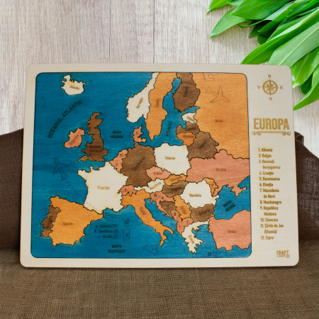 Puzzle Educativ Din Lemn, Gravat, Harta Europei Pe Tari Si Capitale