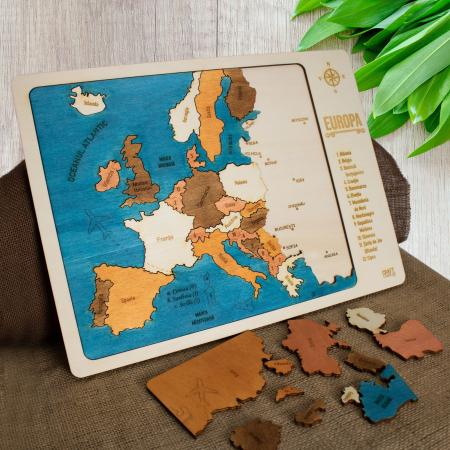 Puzzle Educativ Din Lemn, Gravat, Harta Europei Pe Tari Si Capitale [3]