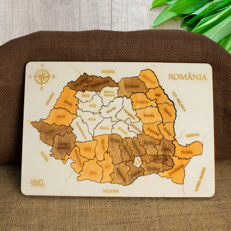 Puzzle Educativ Din Lemn, Gravat, Harta Romaniei Pe Judete
