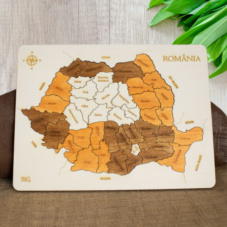 Puzzle Educativ Din Lemn, Gravat, Harta Romaniei Pe Judete Si Orase