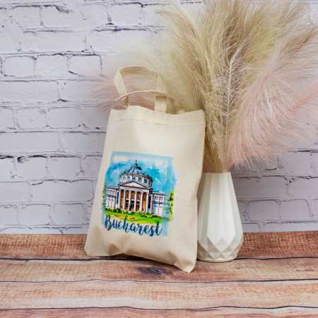 Sacose bumbac - Sacosa din bumbac, suvenir, Ateneul Roman, Bucuresti, dimensiune 22 x 26 cm