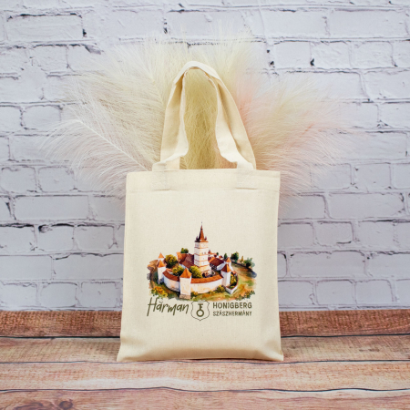 Sacose bumbac - Sacosa din bumbac, suvenir, Biserica Evanghelica Fortificata Hărman, dimensiune 22 x 26 cm