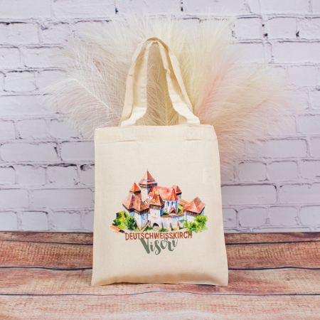 Biserica Fortificata Viscri - Sacosa din bumbac, suvenir, Biserica Fortificata Viscri, dimensiune 22 x 26 cm