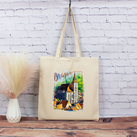 Brasov - Sacosa din bumbac, suvenir, Biserica Neagra, Brasov