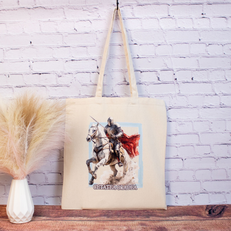 Oradea - Sacosa din bumbac, suvenir, Cavaler medieval, Cetatea Oradea