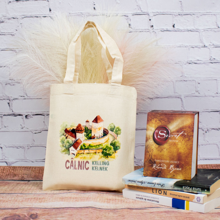 Suveniruri - Sacosa din bumbac, suvenir, Cetatea Calnic, dimensiune 22 x 26 cm