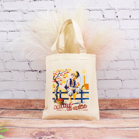 Bojdeuca "Ion Creanga", Iasi - Sacosa din bumbac, suvenir, La furat de cirese - Amintiri din Copilarie, dimensiune 22 x 24 cm