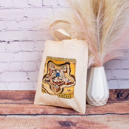 Oradea - Sacosa din bumbac, suvenir, Muzeul Orasului Oradea, Cetatea Oradea, dimensiune 22 x 26 cm