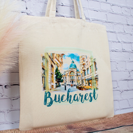 Sacosa din bumbac, suvenir, Palatul CEC Bucuresti (vedere din Centrul Vechi) [3]