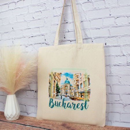 Sacosa din bumbac, suvenir, Palatul CEC Bucuresti (vedere din Centrul Vechi) [2]