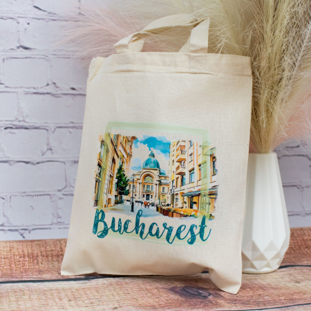 Sacosa din bumbac, suvenir, Palatul CEC Bucuresti (vedere din Centrul Vechi), dimensiune 22 x 26 cm [1]