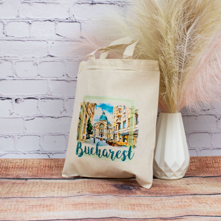 Sacose bumbac - Sacosa din bumbac, suvenir, Palatul CEC Bucuresti (vedere din Centrul Vechi), dimensiune 22 x 26 cm