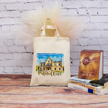 Sacosa din bumbac, suvenir, Palatul Cuza, Ruginoasa, dimensiune 22 x 26 cm