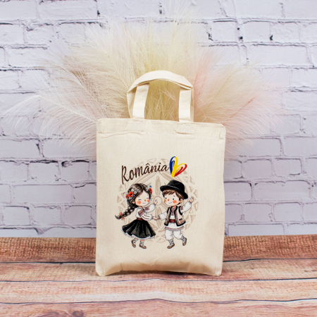 Sacosa din bumbac, suvenir, Romanasi, asa cum suntem, dimensiune 22 x 26 cm