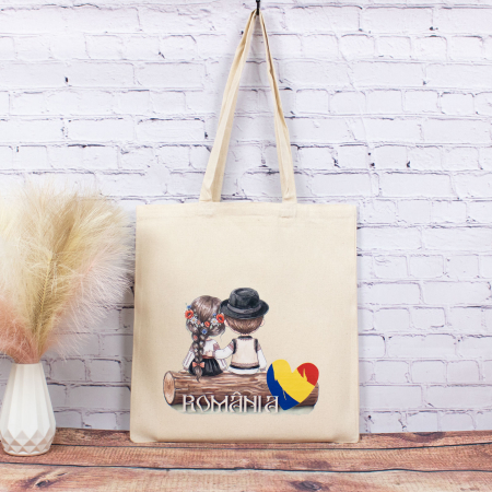 Romania - Sacosa din bumbac, suvenir,  Româncuță și românaș – din locuri trăite