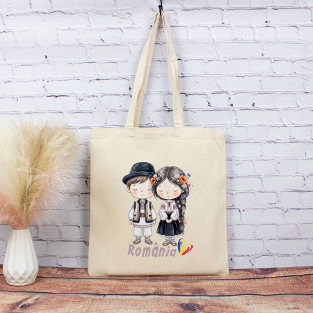 Sacosa din bumbac, suvenir, Româncuță și românaș – din România noastră