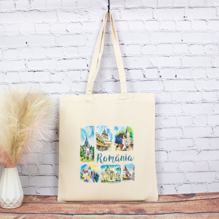 Sacosa suvenir Destinatii Turistice - Sacosa din bumbac, suvenir, Visit Romania