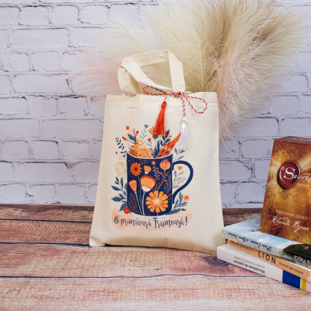 Sacoșă mărțișor textilă din bumbac, 22 × 26 cm – Cană plină cu primăvară [4]