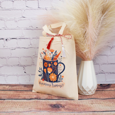 Sacosa martisor - Sacoșă mărțișor textilă din bumbac, 22 × 26 cm – Cană plină cu primăvară