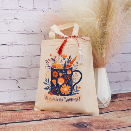 Sacoșă mărțișor textilă din bumbac, 22 × 26 cm – Cană plină cu primăvară [1]
