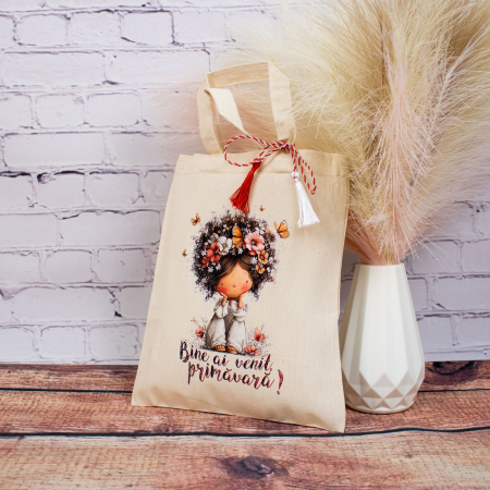 Sacosa martisor - Sacoșă mărțișor textilă din bumbac, 22 × 26 cm – Fetița care a  adus primăvara