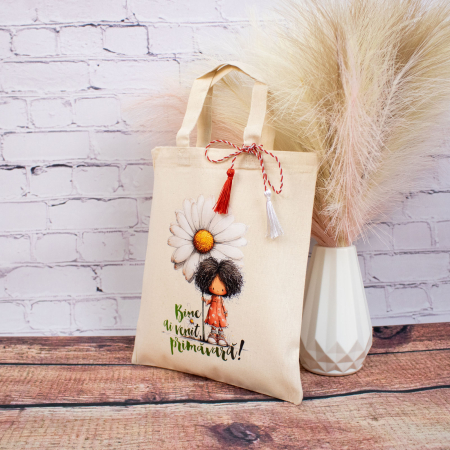 Sacosa martisor - Sacoșă mărțișor textilă din bumbac, 22 × 26 cm – Fetița cu flori